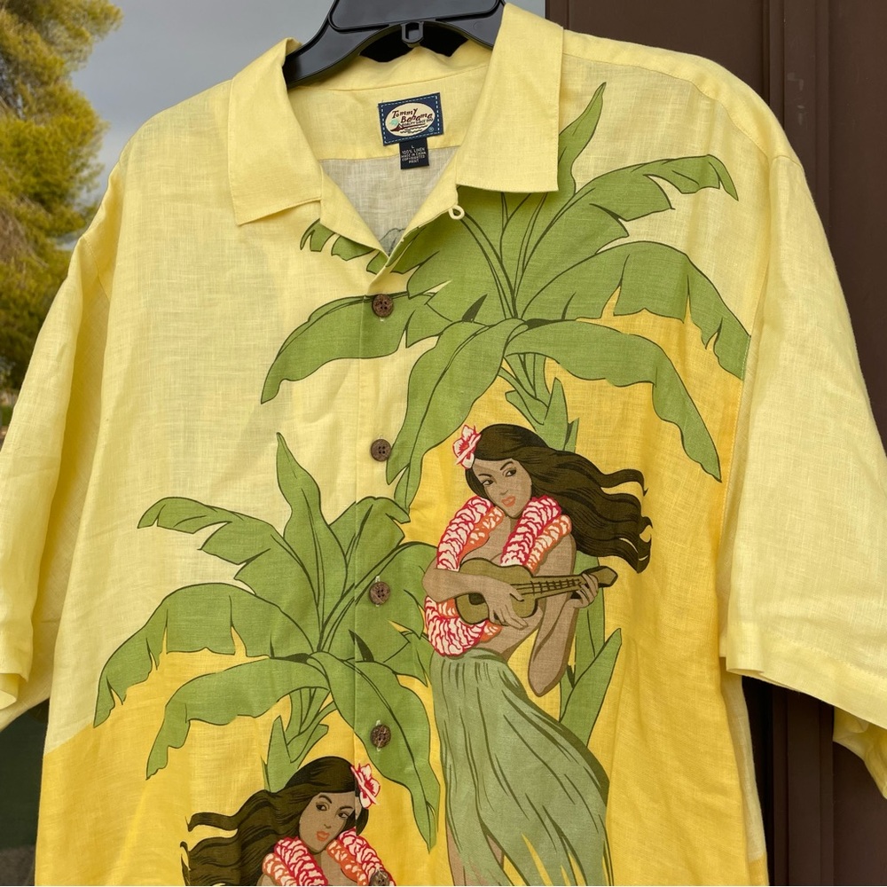 Tommy Bahama Yellow Hula Girls Hawaiian Linen Shirt L